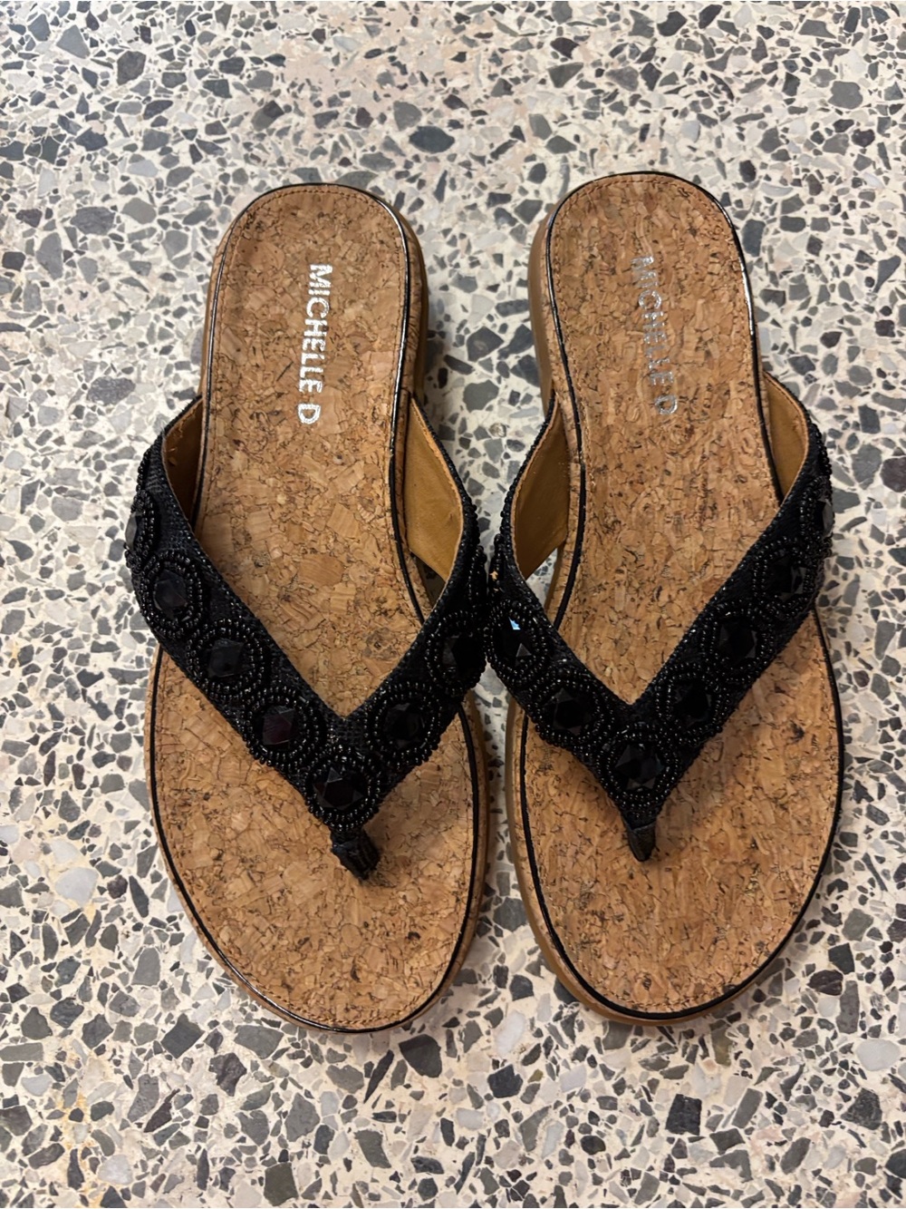 Michelle D Black Beaded Cork Thong Sandals